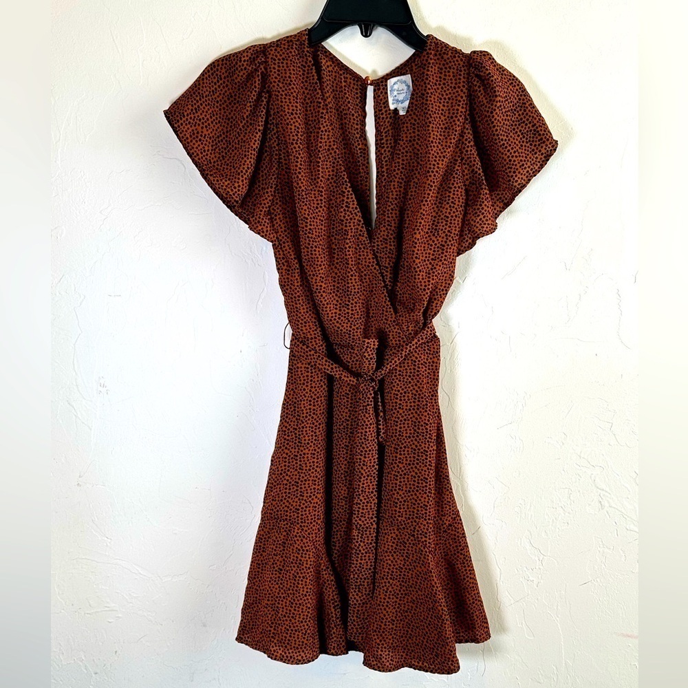 Blue Rain Rust Brown with Black Dots Flirty Wrap Dress Sz XS
